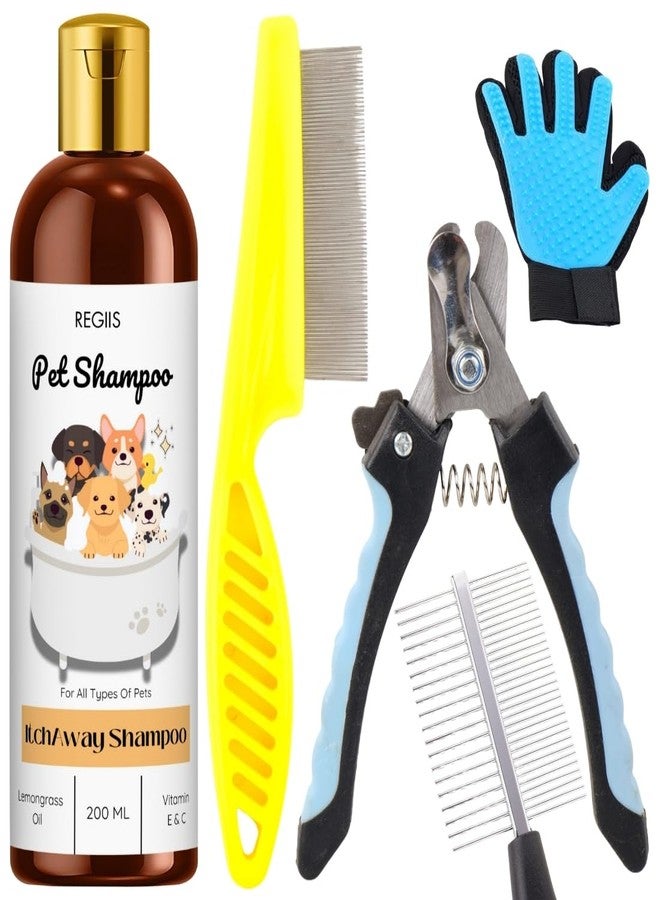 مجموعة ريجيس للعناية بالحيوانات الأليفة مع شامبو، مقص أظافر، قفاز لإزالة الشعر الزائد، مشط، 200 مل تركيبة مضادة للحكة لجميع أنواع الحيوانات الأليفة (عبوة من 5 قطع) - Image 1